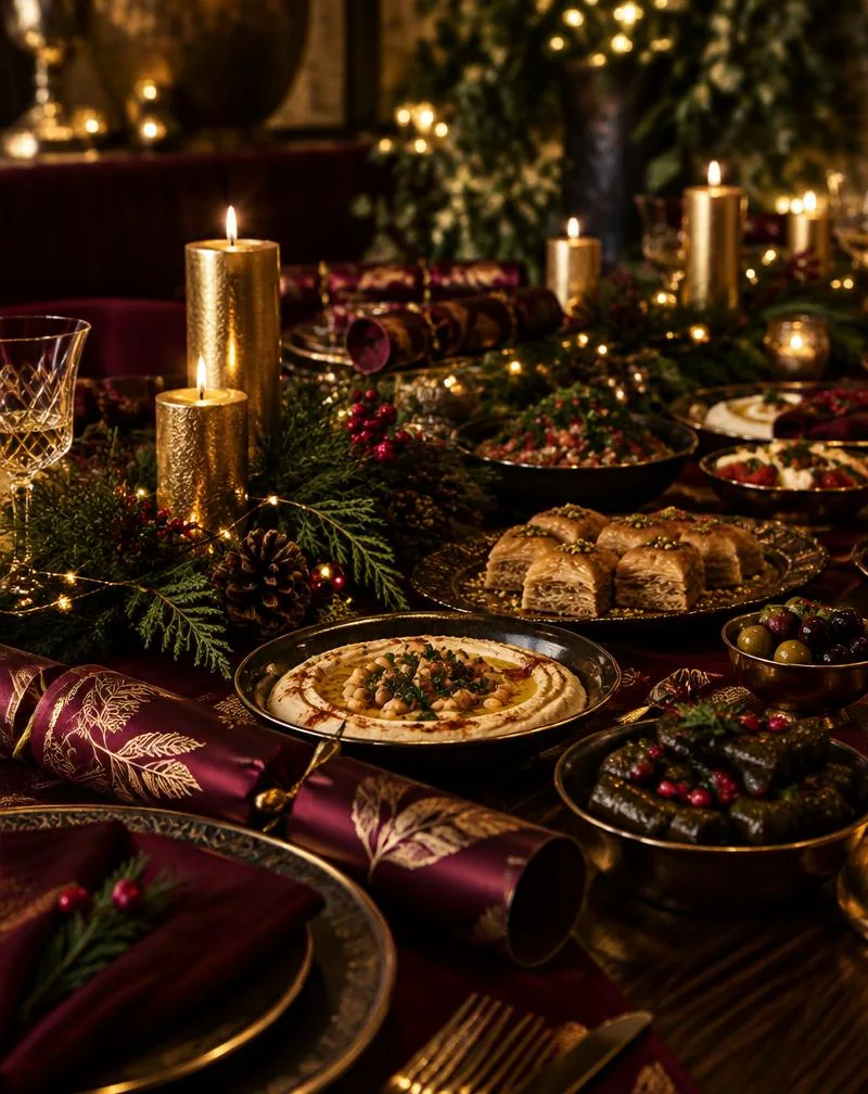 Festive Lebanese table with burgundy crackers, gold candles and pine