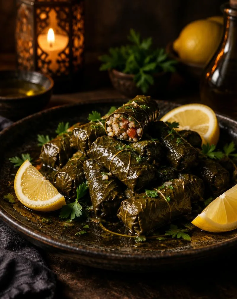 Vine leaves stuffed with rice, tomato and parsley