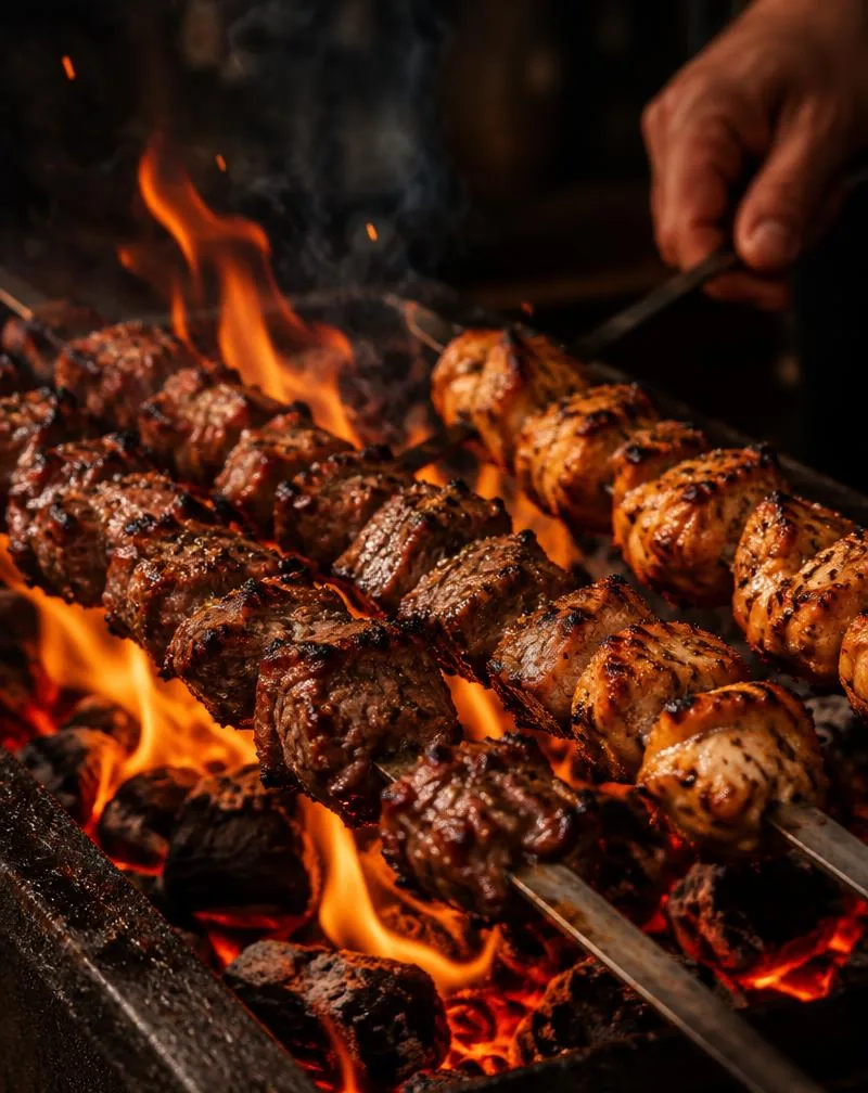 Lamb and chicken skewers over glowing charcoal
