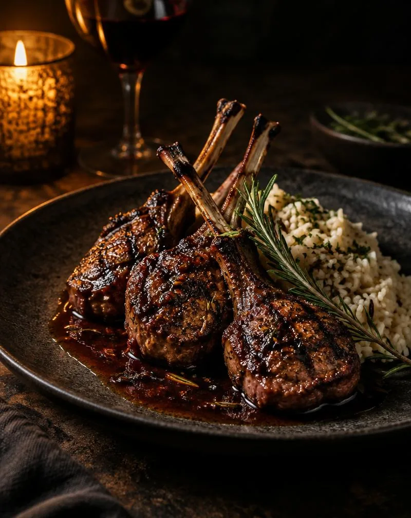 Charcoal-grilled lamb cutlets with rosemary and port sauce