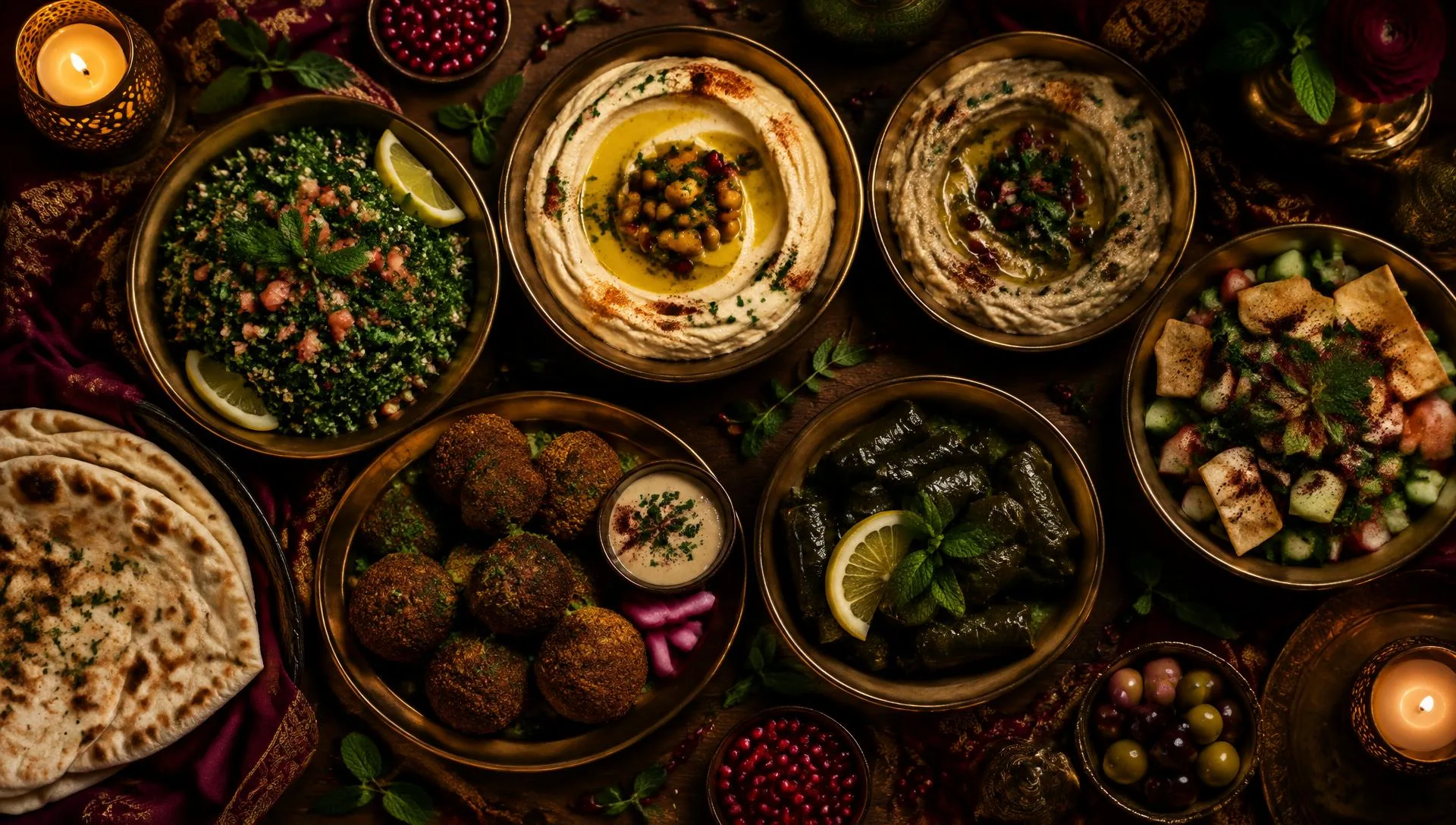 Overhead view of a Lebanese mezze table