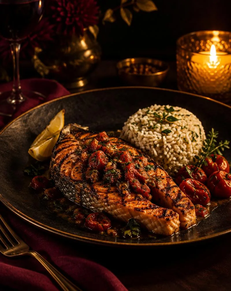Char-grilled salmon with herb tomato sauce